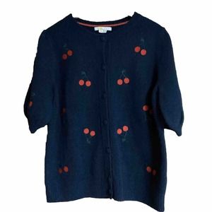 BODEN Sweater 8 Alpaca Wool Blend Cherry Embroidered Button Up Blue Sz 10